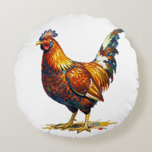 Vibrant Colourful Rooster Illustration Artwork Round Cushion