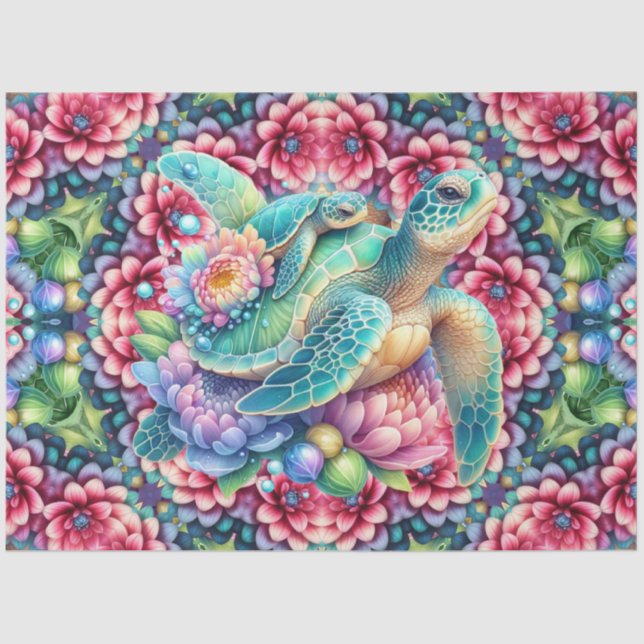 Vibrant Colourful Sea Turtle Floral Pattern Tissue Paper (Front)