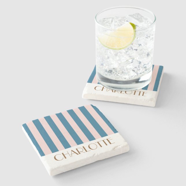 Vibrant Colourful Stripes Nautical Blue Wedding Stone Coaster (Side)