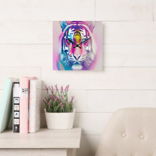 Vibrant Colourful Tiger Face Bold Modern Wildlife  Square Wall Clock
