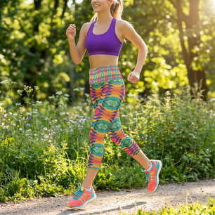 Vibrant Colourful Wavy Geometric Striped Capri Leggings