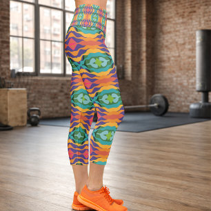 Vibrant Colourful Wavy Geometric Striped Capri Leggings