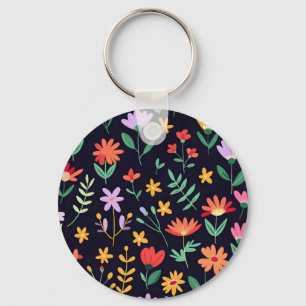 Vibrant Colourful Wildflower Meadow on Dark Night Key Ring