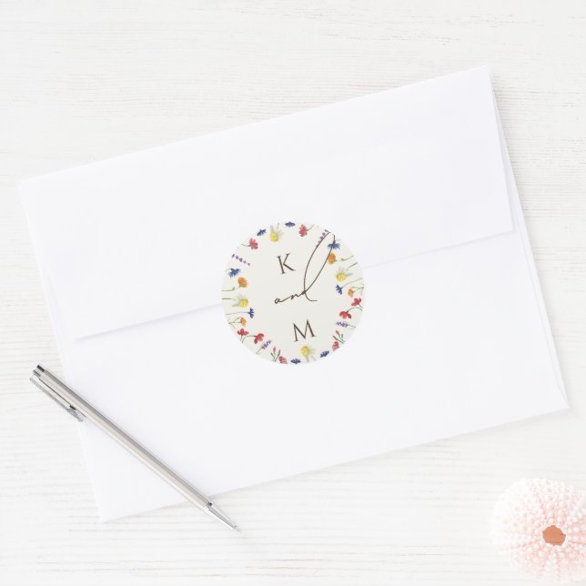 Vibrant Colourful Wildflower Monogram Initial Classic Round Sticker (Envelope)