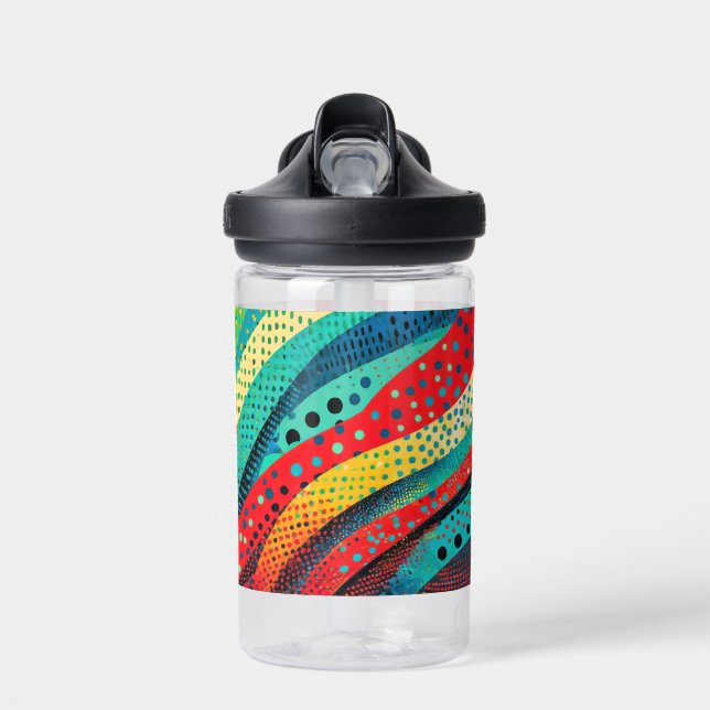 Vibrant colours and patterns in curving shapes water bottle (Front)