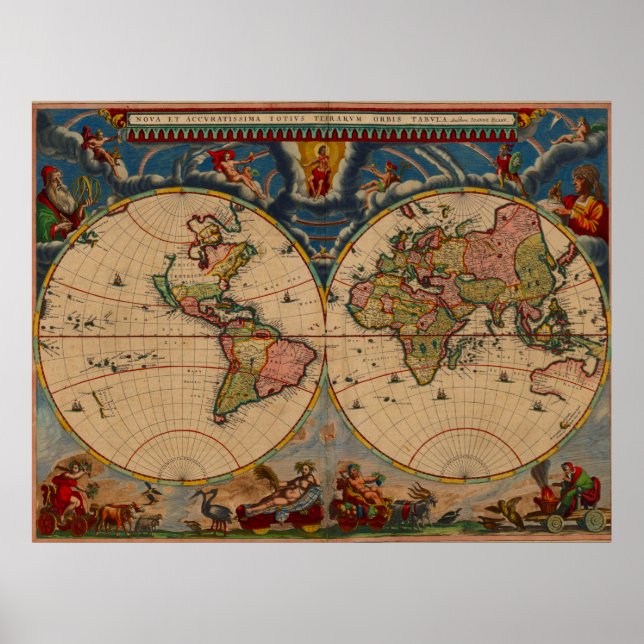 Vibrant Colours Vintage Old World Map Poster (Front)