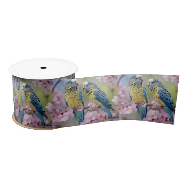 "Vibrant Companions: Blue and Yellow Budgies" Satin Ribbon (Spool)