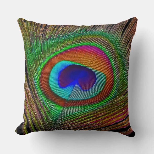Vibrant Copper Peacock Feather Cushion (Front)