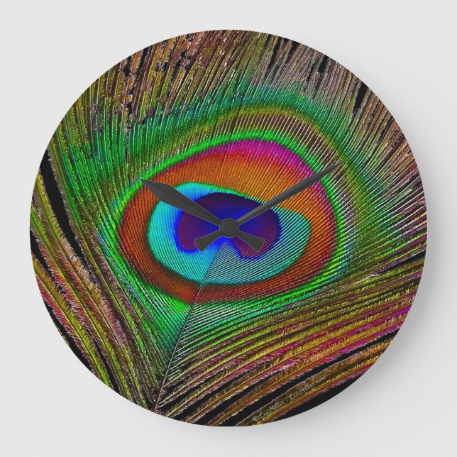 Vibrant Copper Peacock Feather Large Clock (Front)