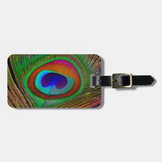 Vibrant Copper Peacock Feather Luggage Tag (Front Horizontal)