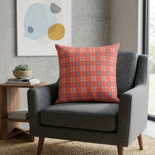 Vibrant Coral & Blue Floral Geometric Pattern Cushion (Creator Uploaded)