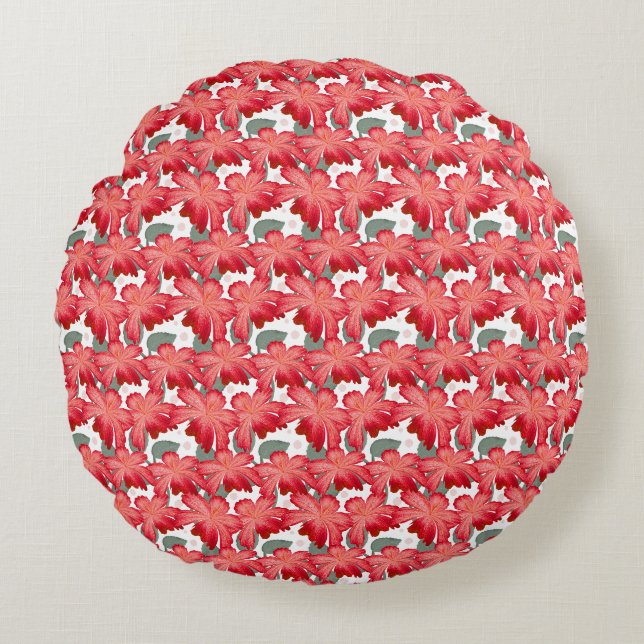 Vibrant Coral Floral Pattern | Bold Red Flowers  Round Cushion (Front)