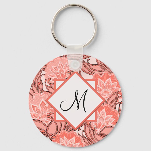 Vibrant Coral Floral Pattern Monogrammed Key Ring (Front)