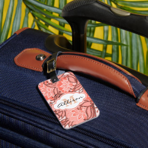 Vibrant Coral Floral Pattern Monogrammed Luggage Tag