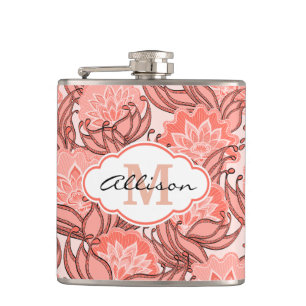 Vibrant Coral Floral Pattern Personalised Hip Flask