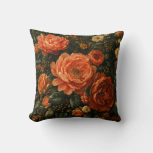 Vibrant Coral Peony and Rose Vintage Floral Cushion