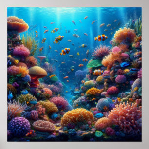Vibrant Coral Reef with Vivid Clownfish Poster