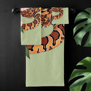 Vibrant Corn Snake Pink Peony Flowers Green Bath Towel Set