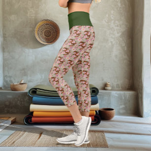 Vibrant Corn Snake Pink Peony Flowers Green Capri Leggings