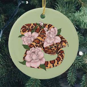 Vibrant Corn Snake Pink Peony Flowers Green Ceramic Tree Decoration