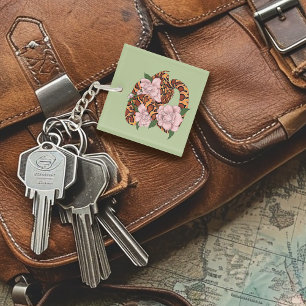 Vibrant Corn Snake Pink Peony Flowers Green Key Ring