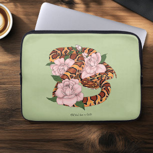 Vibrant Corn Snake Pink Peony Flowers Green Laptop Sleeve