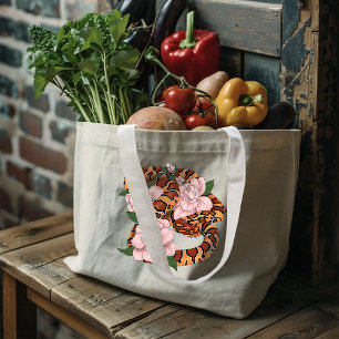 Vibrant Corn Snake Pink Peony Flowers Green Large Tote Bag