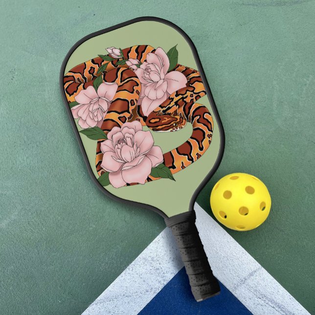 Vibrant Corn Snake Pink Peony Flowers Green Pickleball Paddle (Creator Uploaded)
