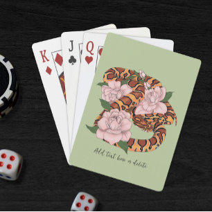 Vibrant Corn Snake Pink Peony Flowers Green Playing Cards