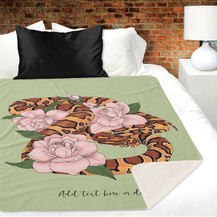 Vibrant Corn Snake Pink Peony Flowers Green Sherpa Blanket