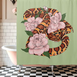 Vibrant Corn Snake Pink Peony Flowers Green Shower Curtain