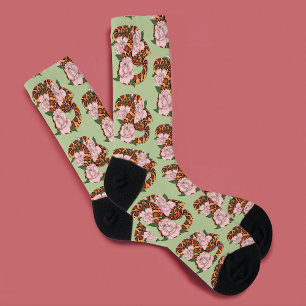 Vibrant Corn Snake Pink Peony Flowers Green Socks