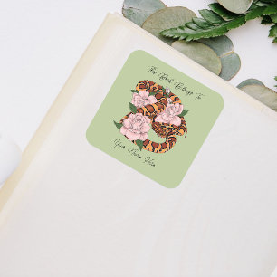 Vibrant Corn Snake Pink Peony Flowers Green Square Sticker