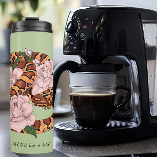 Vibrant Corn Snake Pink Peony Flowers Green Thermal Tumbler