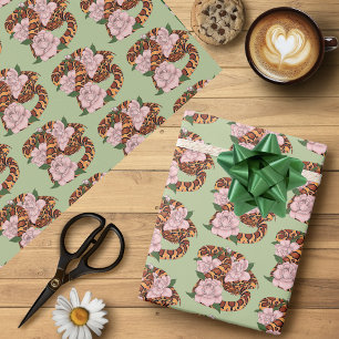 Vibrant Corn Snake Pink Peony Flowers Green Wrapping Paper
