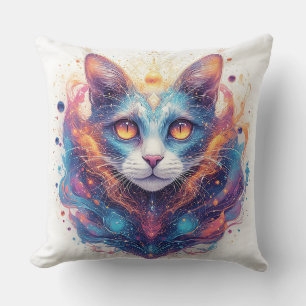 Vibrant Cosmic Cat with Glowing Eyes Cushion