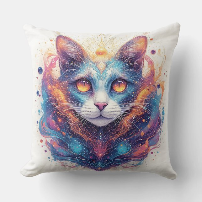 Vibrant Cosmic Cat with Glowing Eyes Cushion (Front)