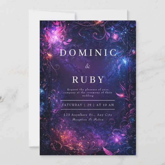Vibrant Cosmic Floral Starry Night Wedding Invitation (Front)