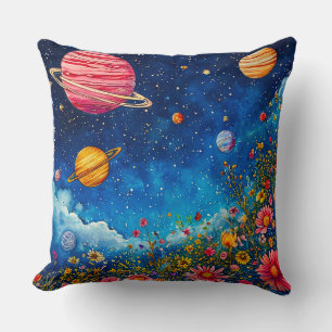 Vibrant Cosmic Garden with Planets and Starry Sky Cushion
