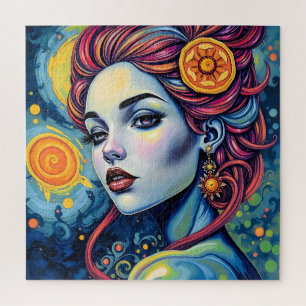 Vibrant Cosmic Goddess Portrait Jigsaw Puzzle