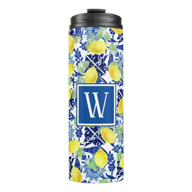 Vibrant Country Lemons & Blue Floral | Monogram Thermal Tumbler (Front)