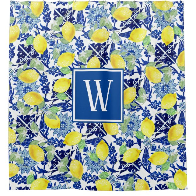 Vibrant Country Lemons & Blue Floral Tile Shower Curtain (Front)