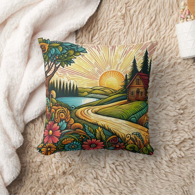 Vibrant countryside at dawn with a cosy cabin cushion (Blanket)