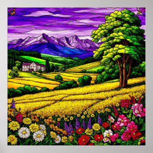 Vibrant Countryside Landscape and Mountain Views Poster