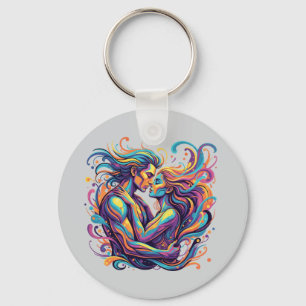 Vibrant Couple Embrace Psychedelic Flowing Art Key Ring