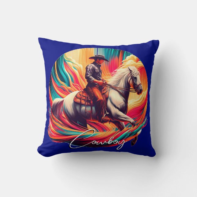 Vibrant Cowboy and Horse Blue Cushion (Front)
