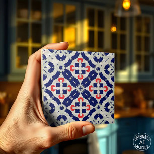 Vibrant Cross Mosaic in Navy Blue, Red and Grey Tile