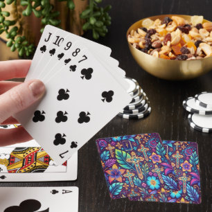 Vibrant Cross Patterns Amidst Lush Foliage b Playing Cards