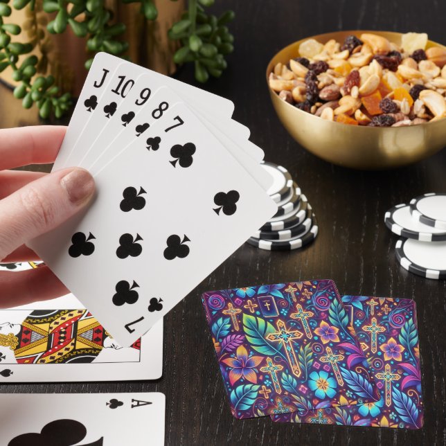 Vibrant Cross Patterns Amidst Lush Foliage b Playing Cards (In Situ)