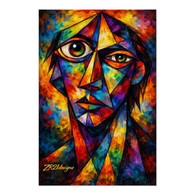 Vibrant Cubist Face Abstract Modern Art Poster (Front)